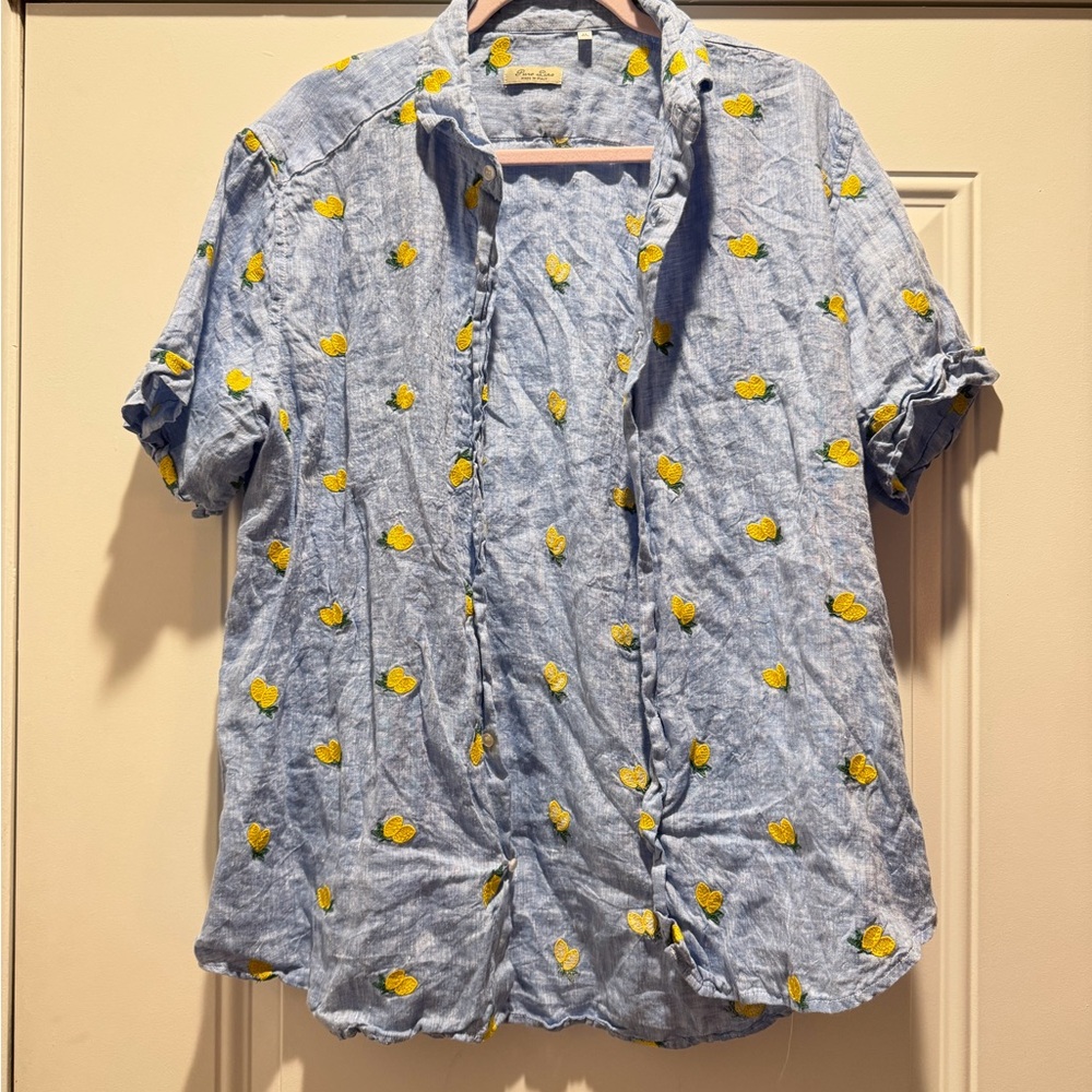 Puro Lino Made in Italy Blue and Yellow Lemon Linen Button Down Shirt